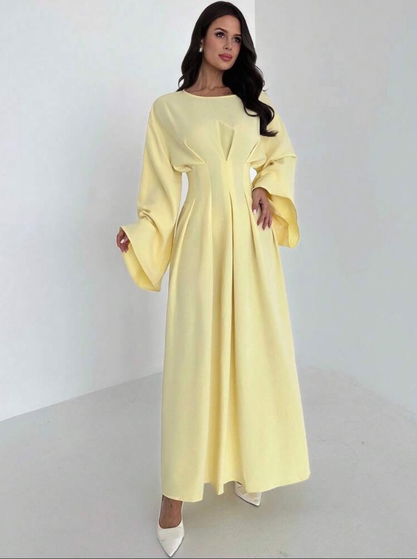 Firerie Women's Elegant Pale Yellow Maxi Dress,Summer Modesty Holiday Wedding Bridal Al-Adha Waist Ruched Flare Long Sleeve Sophisticated Daily Clothes