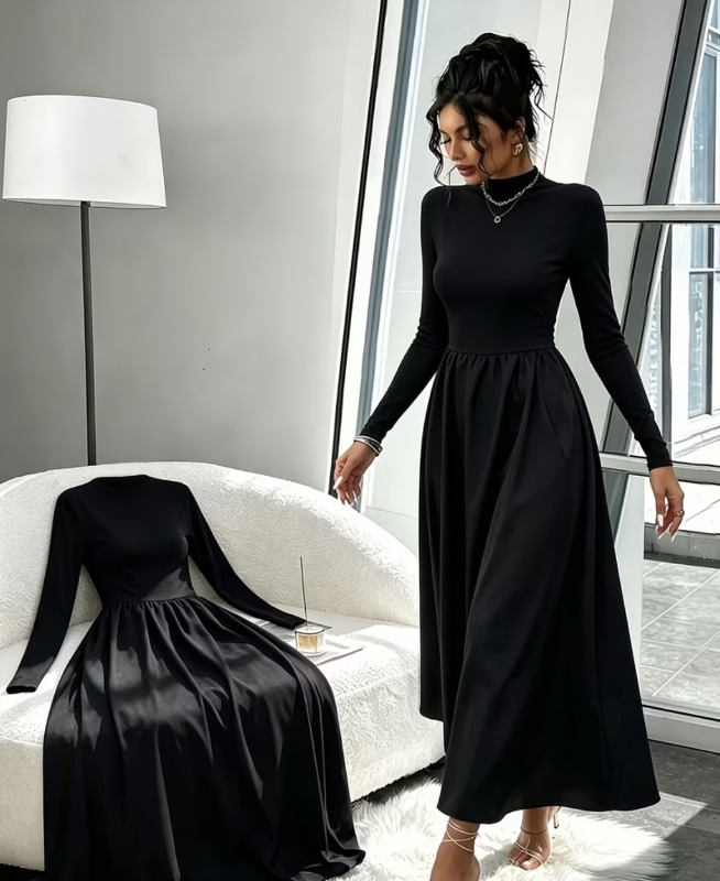 Robe longue patchwork pour femme, sans ceinture, coupe ajustée, manches longues, col rond, robe de soirée élégante et tendance