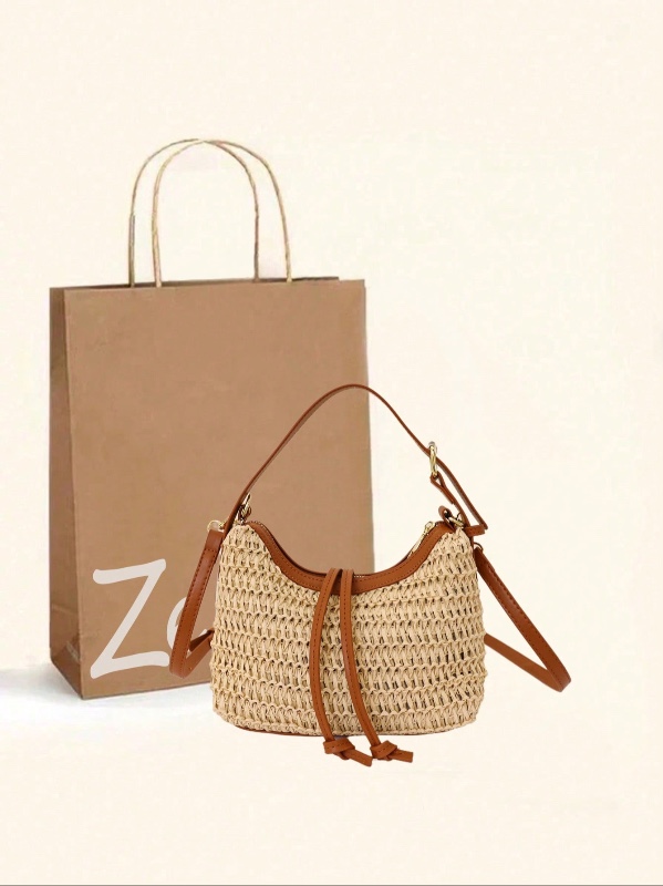 Nouveau sac cabas de plage d'été en paille tressée à la main, style vintage ; sac porté épaule ou croisé au design original (style « croissant » ou « coussin ») d'inspiration européenne et américaine, alliant élégance et luxe ; idéal pour les trajets quot