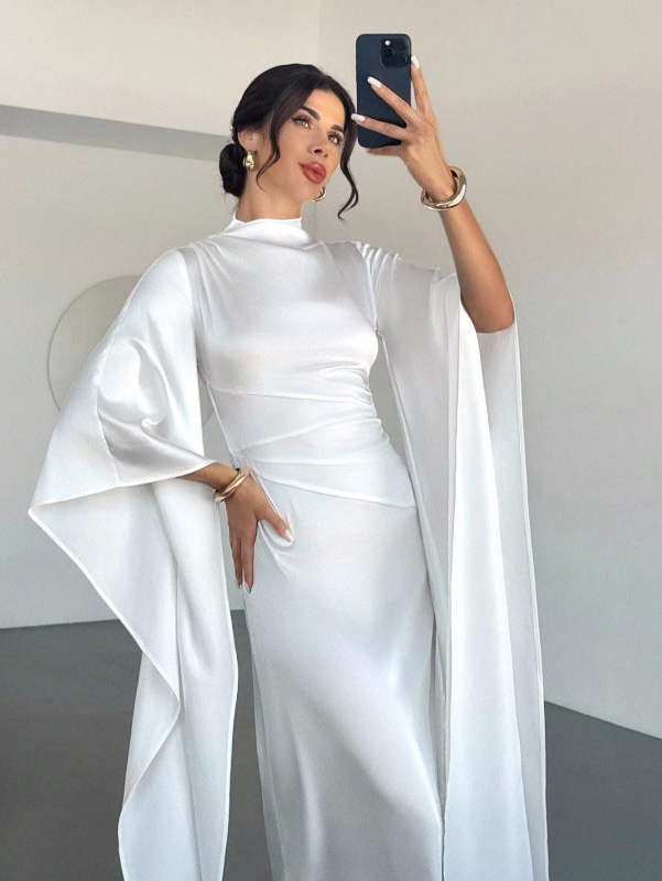 Robe longue élégante en satin coupe sirène pour femme Firerie – Robe blanche effet soie à manches longues chauve-souris, idéale pour les mariages d'été, les cocktails, le bal de promo et les soirées en amoureux.