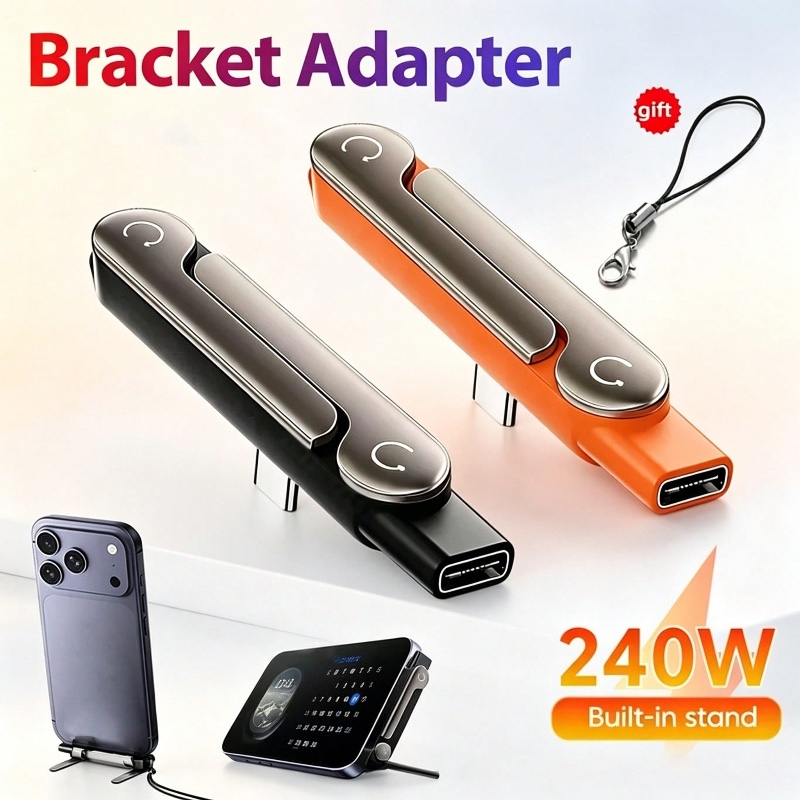 Adaptateur de charge USB-C pliable 2-en-1 avec support intégré, connecteur de charge rapide 240 W compatible avec tous les appareils USB-C, adapté aux iPhone 17/16/15 et Galaxy S26/S25/S24/S23/S22/S21/S20