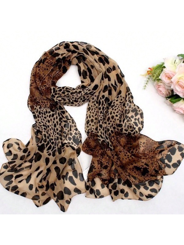 Élégante écharpe en mousseline pour femme, motif léopard brun café, idéale pour le quotidien
