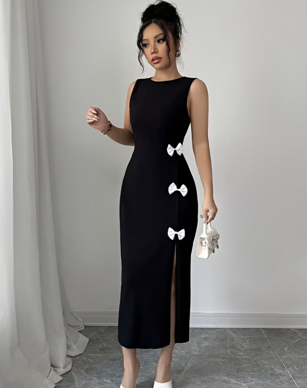 Robe midi élégante sans manches pour femme avec nœud décoratif – Mélange extensible polyester-élasthanne, coupe ajustée très extensible, fente latérale et col rond pour le printemps/été, robe noire lavable en machine adaptée aux occasions décontractées