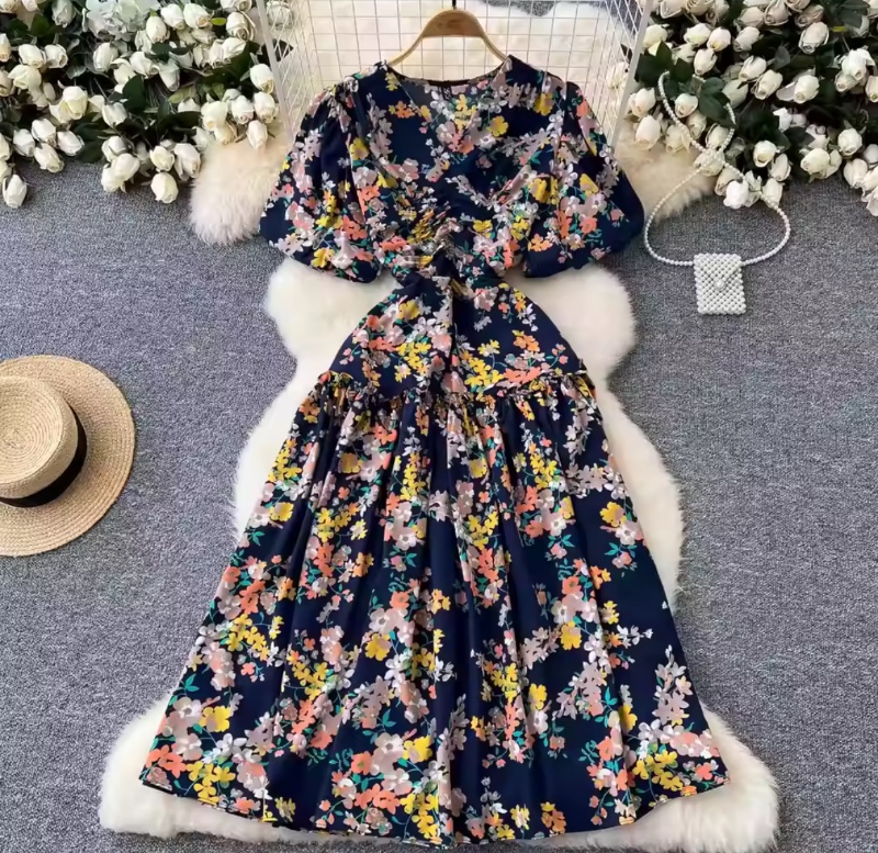 YuooMuoo femmes robe 2026 nouveau Vintage imprimé fleuri longue robe d'été Style français manches bouffantes a-ligne dame fête Robes Robes