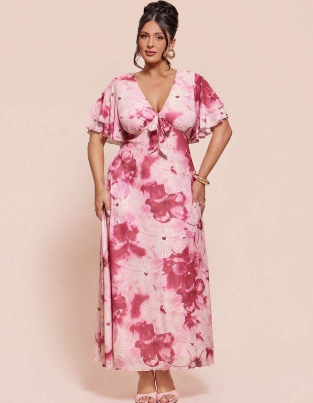 Robe longue  BAE grandes tailles pour femme, rose à motif floral, col en V, manches évasées et fente ; en mousseline, style estival/tropical/élégant, idéale pour les vacances, les garden-parties ou les fêtes ; détail noué sur le devant.