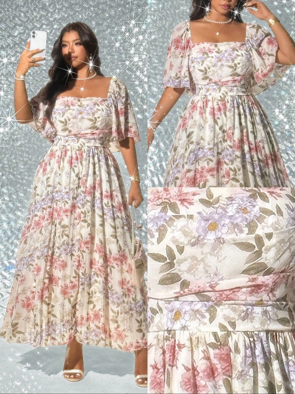 Robe plissée élégante Viva Relle grandes tailles à motif floral – Robe longue bohème beige pour l'été et les vacances – Robe pour invitée de mariage, garden-party ou thé dansant