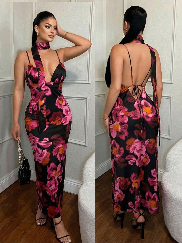 Robe longue  SXY noire à imprimé floral, dos nu et bretelles fines ; robe d'été pour femme, style élégant, basique et sexy ; idéale pour les soirées et les événements habillés.