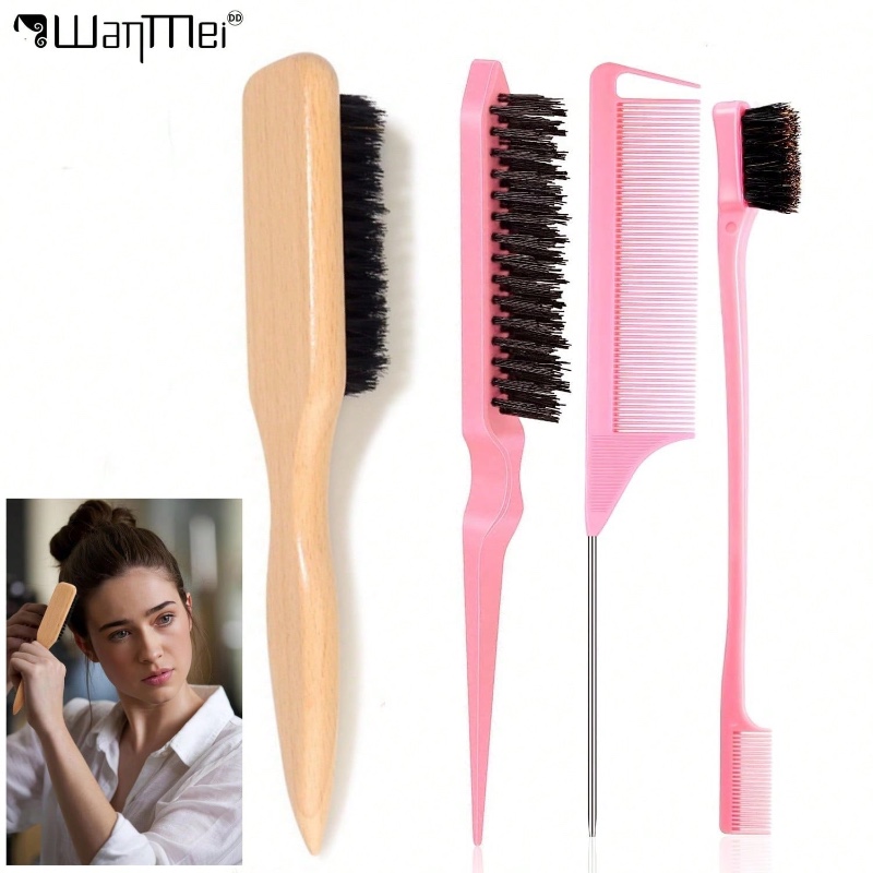 Kit de 4 brosses à cheveux : idéal pour discipliner les mèches rebelles et les frisottis, réaliser des queues de cheval lisses, des chignons et coiffer les bordures (baby hair), ou pour créer du volume | Comprend brosse classique, brosse pour bordures, br