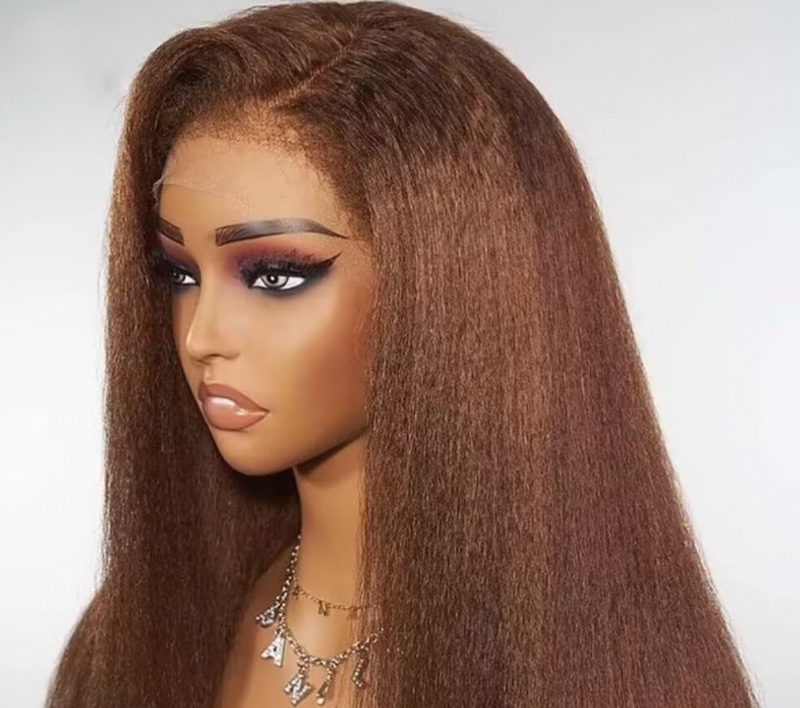 Perruque Lace Front 13x4 – Lisse (texture Yaki) – Lace transparente – Raie profonde – Sans colle – Densité standard