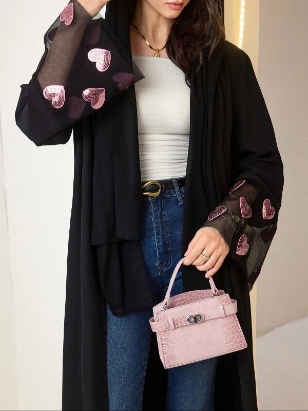 Abaya longue arabe élégante pour femme Al Najma – Style quotidien, empiècements en résille transparente et motifs cœurs à sequins