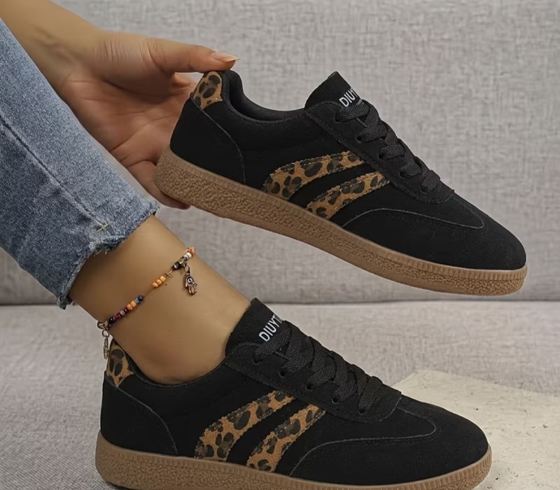 Baskets style « German Army » (GAT) rétro façon Agassi avec empiècements en motif léopard, baskets basses décontractées et tendance (style coréen), chaussures plates à lacets pour le quotidien (toutes saisons)