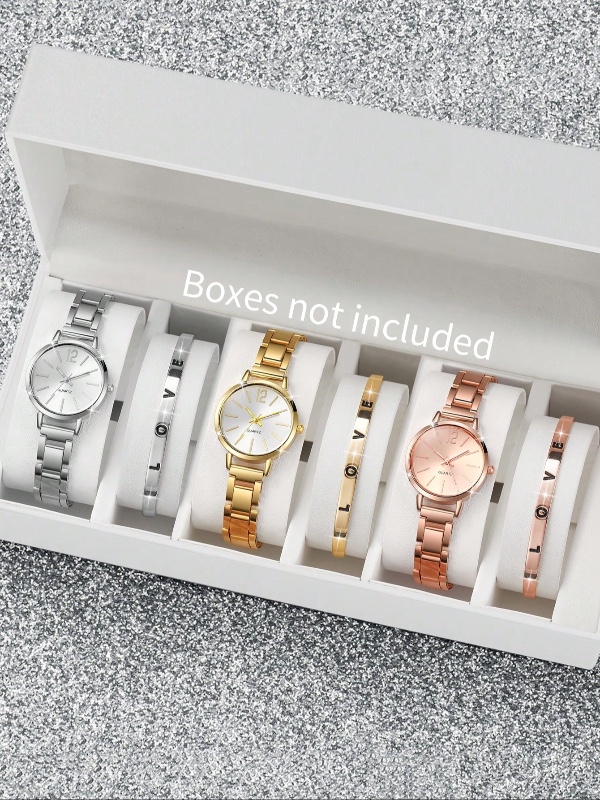 Ensemble de 6 pièces pour femme : montre à quartz élégante, compacte et minimaliste avec cadran à chiffres + bracelet « Love » (boîte non incluse)