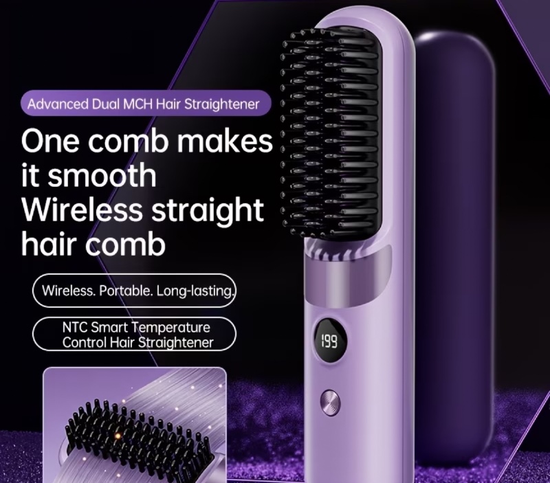 Brosse lissante et bouclante sans fil, combinant les fonctions de lissage et de bouclage pour une coiffure rapide et pratique. Convient à tous les types de cheveux. Équipée d'un écran numérique LED, d'une conception résistante à la chaleur, rechargeable