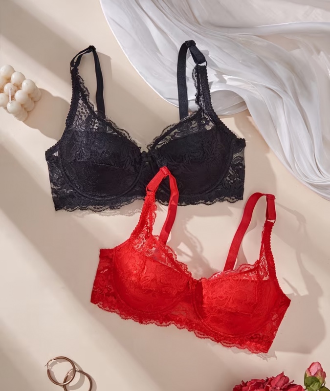 Ensemble de 2 soutiens-gorge push-up à armatures pour femme en dentelle florale – Style élégant et charmant pour le quotidien
