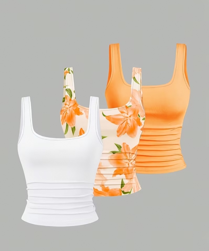 Ensemble de 3 débardeurs pour femme : caraco plissé à encolure carrée, style décontracté et détente pour l'été