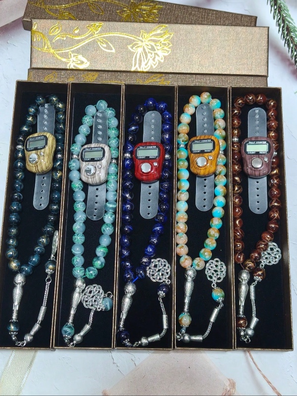 Ensemble de 2 pièces : superbe coffret cadeau avec bracelet et chapelet de prière musulman. Idéal pour les cadeaux de fêtes, les réceptions et les loisirs ! (Taille du coffret aléatoire)