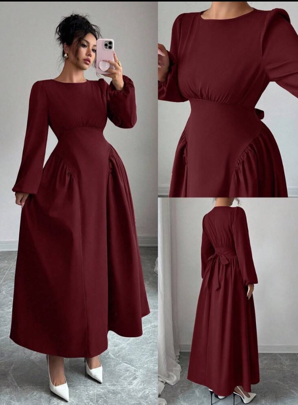 Elenzga Women's Elegant Casual Vintage Brown Round Neck Textured Fabric Puff Sleeve Long Sleeve Pleated Patchwork Tie Waist A-Line Maxi Dress, Spring/Autumn