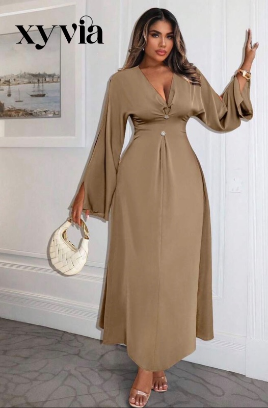 Xyvia Women's Solid Color Minimalist V-Neck Long Sleeve Dress, Casual Everyday Wear
