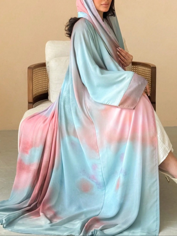 1 pièce – Abaya élégante et colorée style cardigan, longue et raffinée, avec motif tie-dye ; convient pour le quotidien et les rassemblements (vendue sans hijab).